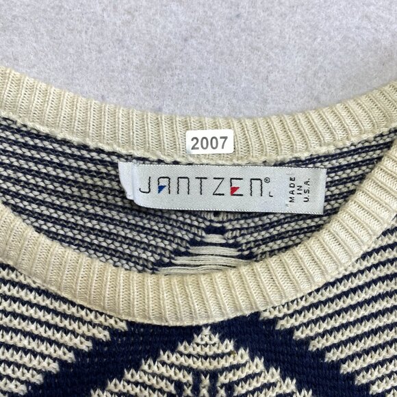 VINTAGE Jantzen Sweater Mens L Blue Geometric Pullover 90s Grunge - Picture 3 of 13
